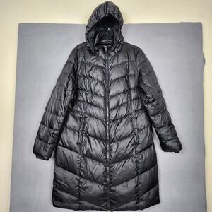 Lands End Puffer Coat Womens Large Black Long Hooded Down Feather Quilted Parka